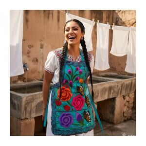Mexican Embroidered Bib Apron for Women – Multicolor with Floral Design 29X22 IN
